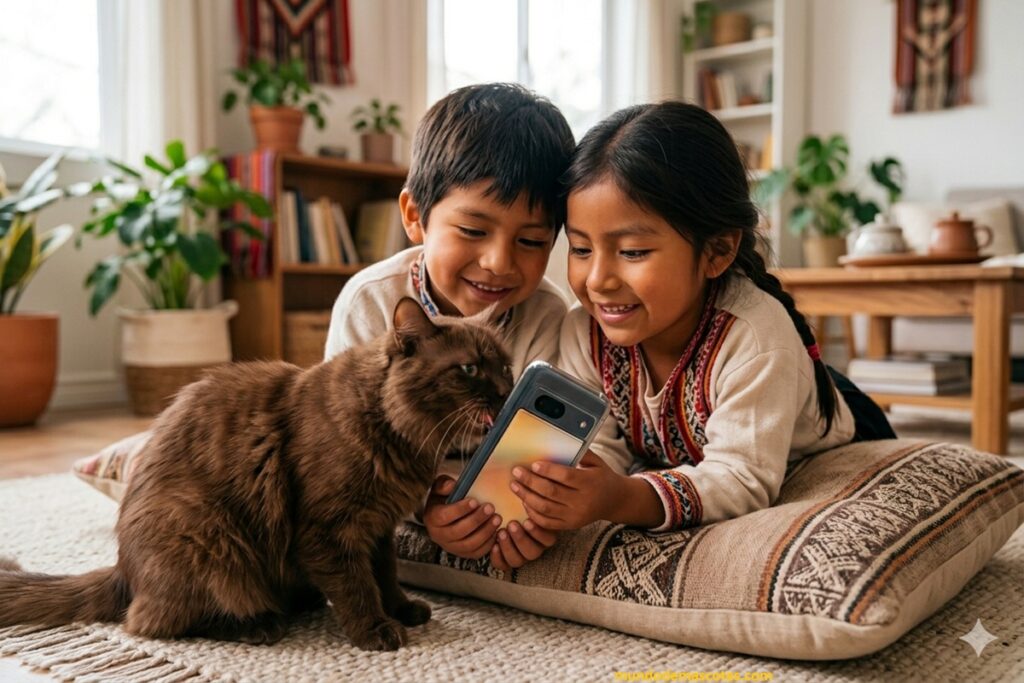 por qué mi gato muerde mi celular junto a los niños jugando en la almohada, el gato marrón de curioso lame el móvil.