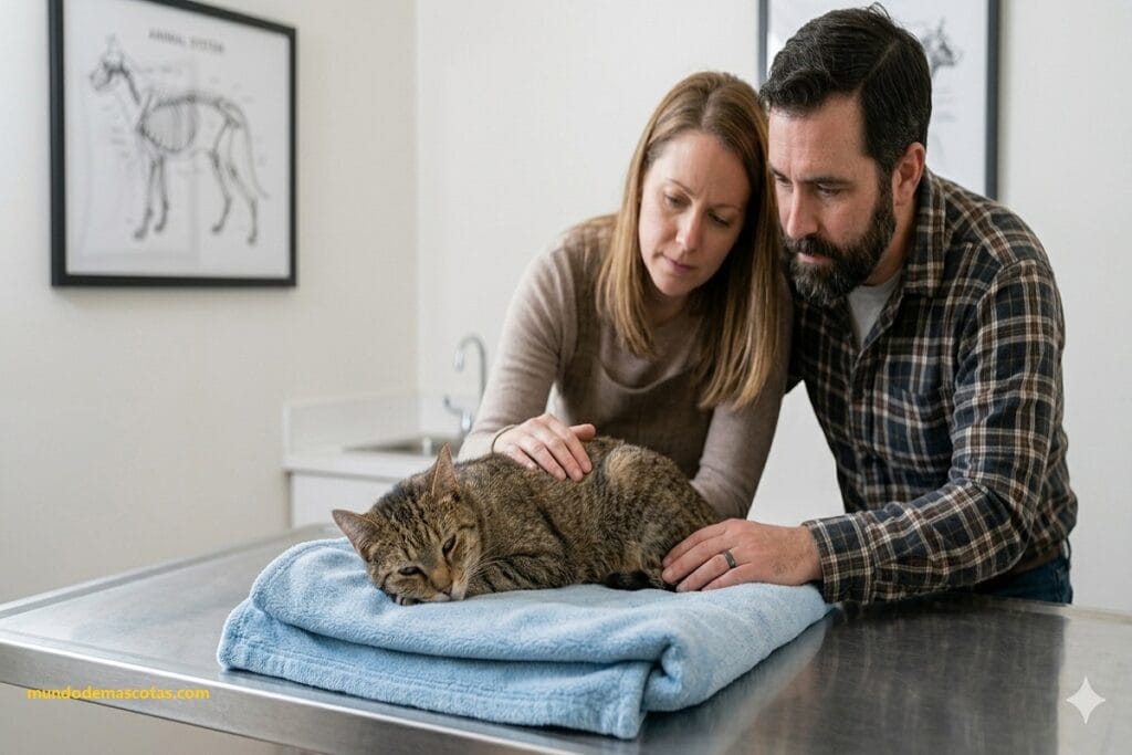 Dueños en veterinaria con gato enfermo: por qué mi gato orina sangre y qué saber.