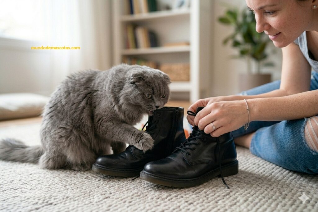 Por qué mi gato se frota y muerde mis zapatos usados y los que están puestos en las botas negras de cuero en mi habitación.