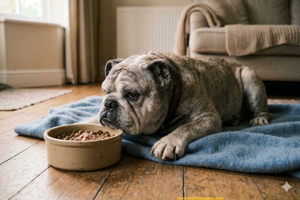 Bulldog senior que muestra por qué mi perro de 15 años no quiere comer su ración