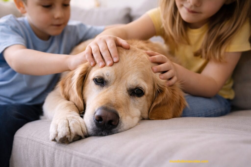 porque a los perros les da diabetes y están acostados en el sillón siendo cuidado con amor por los niños.