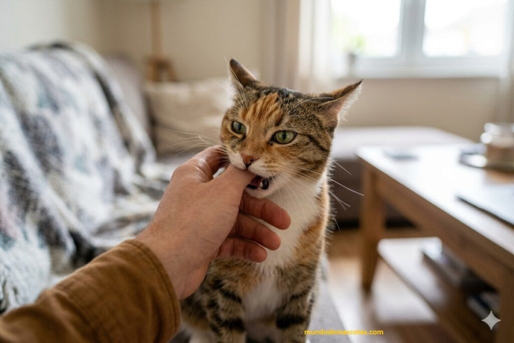 Gato blanco con amarillo muerde la mano de su dueña por qué los gatos atacan a sus dueños