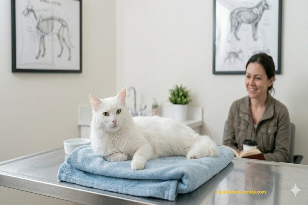 Dueña en veterinaria esperando saber qué le puedo dar a mi gato que orina sangre hoy.