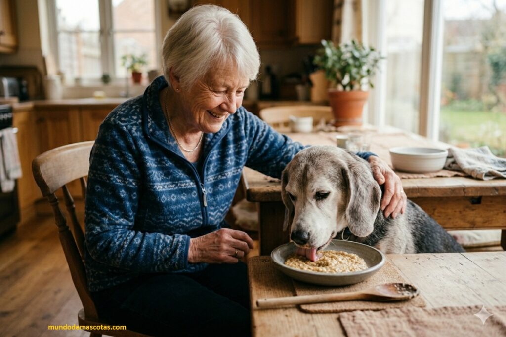 Mujer mayor sirve con cariño sus recetas para perros ancianos sin dientes a su mascota