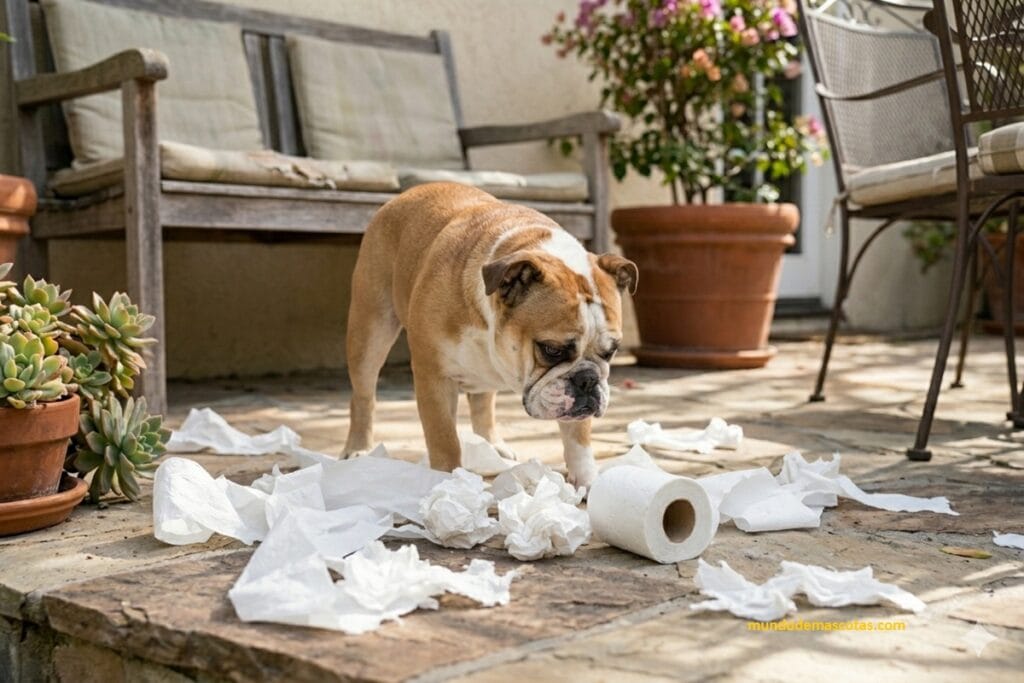 remedios para que mi perro expulse papel higiénico rápido porque es un Bulldog rompiendo el papel en el patio