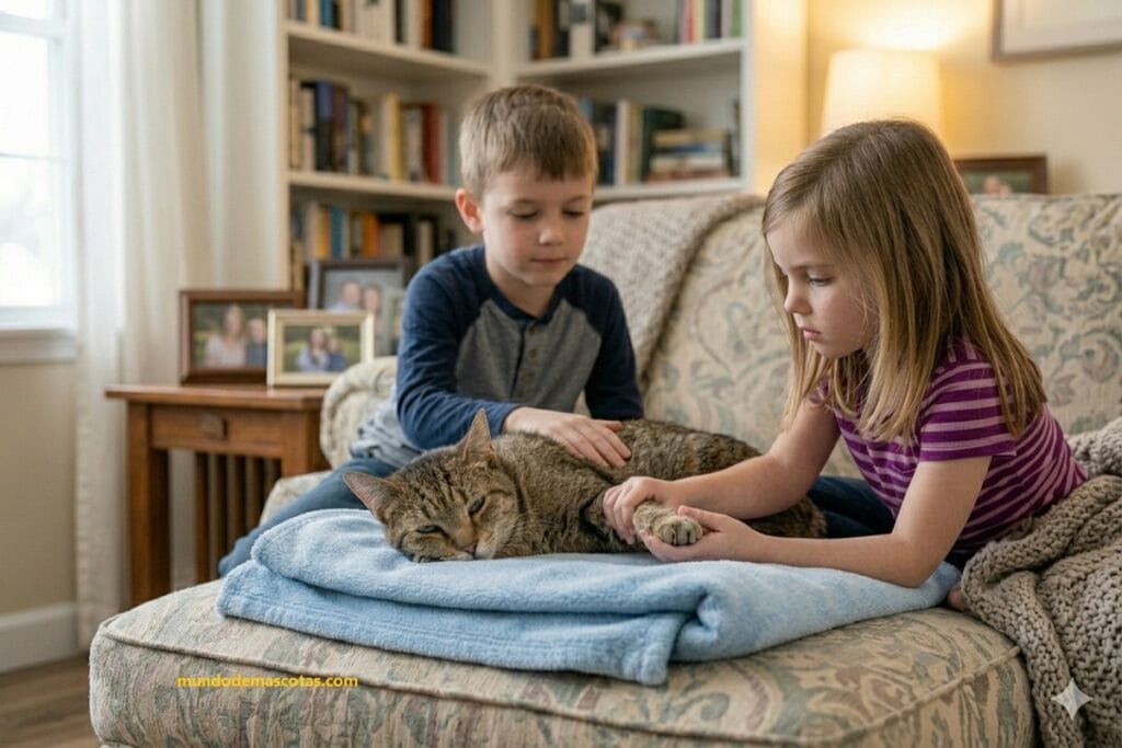 Dos niños cuidando a gato decaído: sangre en la orina de un gato causas y dolor.