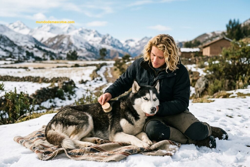 dueño rubio protege en la nieve a su perro Husky por los Síntomas de diabetes en perros de edad avanzada