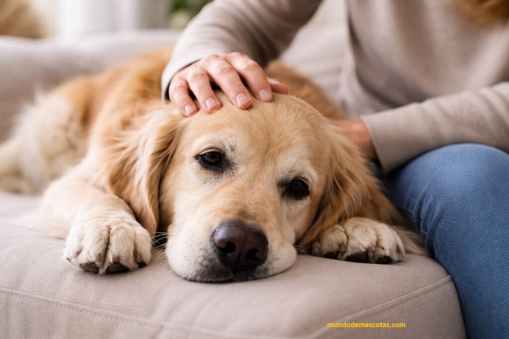síntomas de diabetes en perros mayores como este labrador adulto acostado en el sillón y cuidado por su dueño