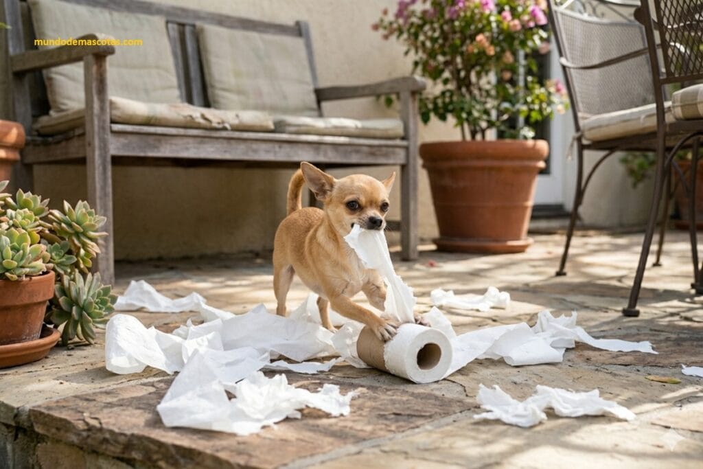 síntomas de perro con algo atorado por comer papel y es un Chihuahua en el patio destrozando el papel higiénico