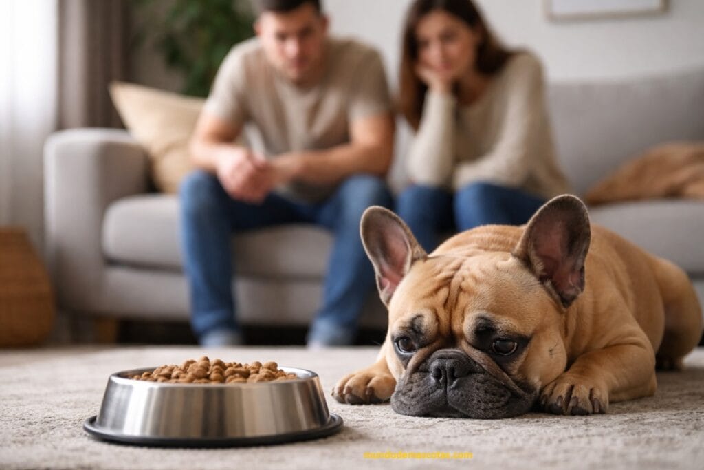 Tipos de diarrea en perros: cachorro Bulldog francés acostado sin comer mirando sus croquetas