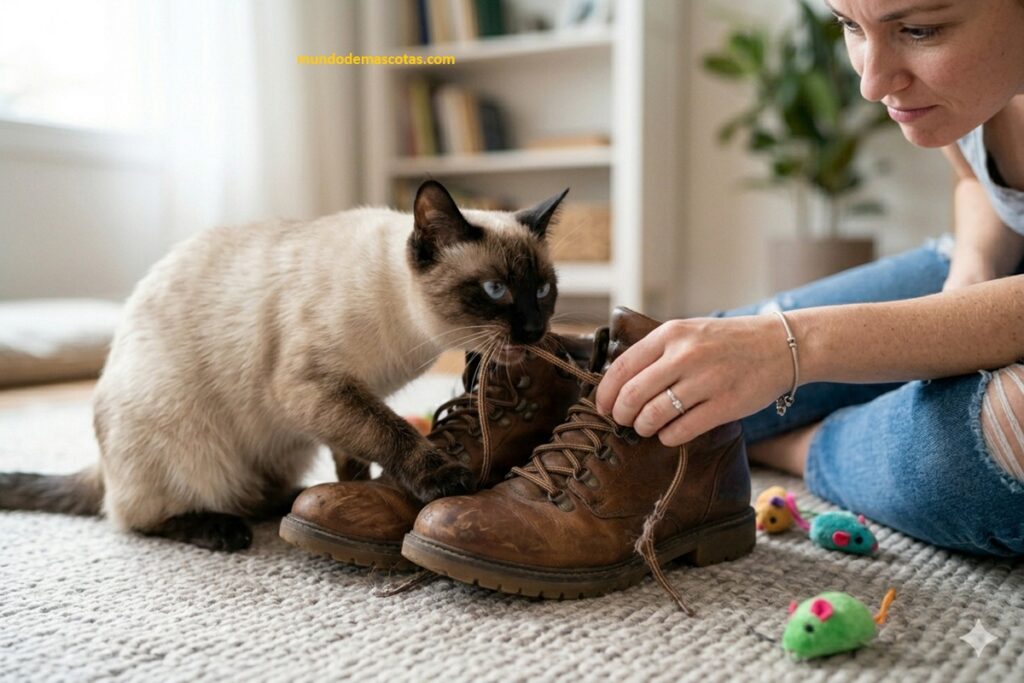 Trucos para que el gato deje de morder el calzado y es un siames precioso jugando con los pasadores.