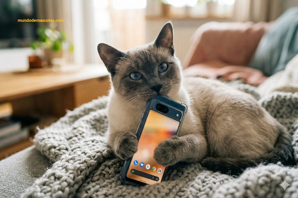 Trucos para que el gato no muerda el celular ni lo lama en la cama, gato siames hermoso jugando con el movil.