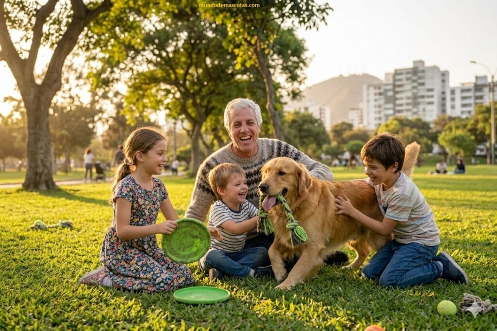 ansiedad por separación en golden retriever que juega junto a niños y adultos en el parque y aman a su perro