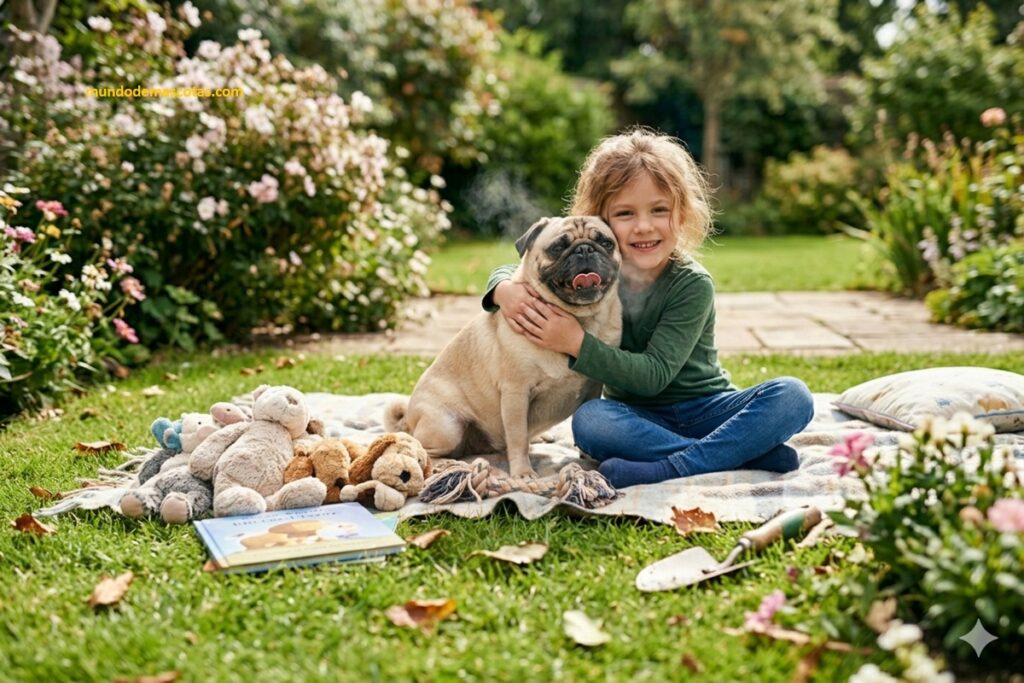 Causas del estornudo inverso en perros de raza pug que esta en el jardin con su pequeña dueña encima de una manta