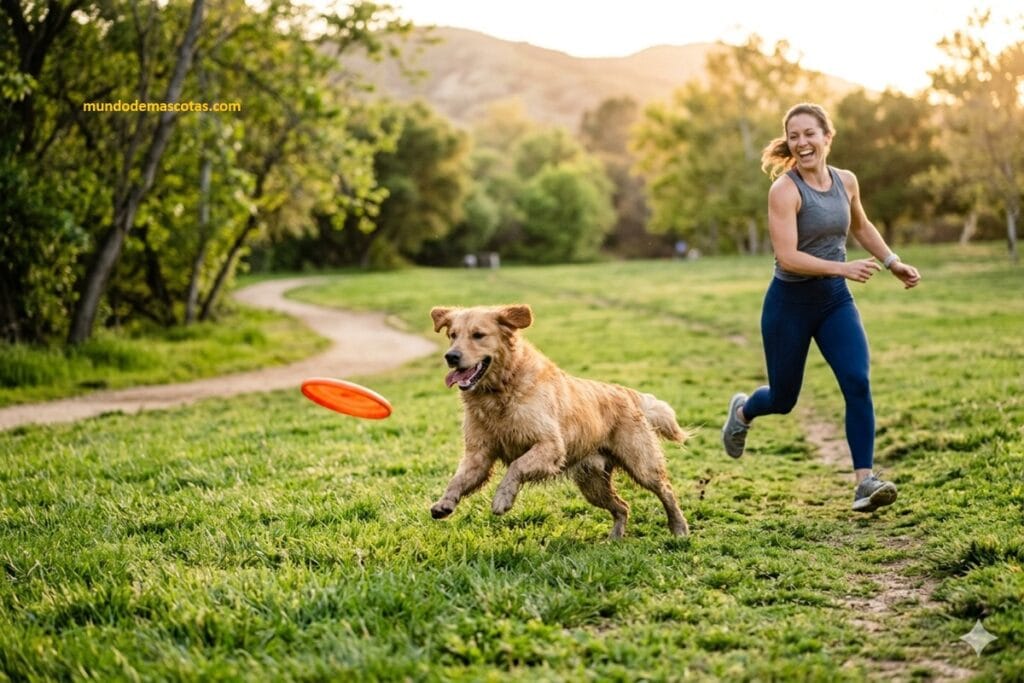 Cómo cansar a un Golden Retriever hiperactivo que esta corriendo en el parque con su dueña feliz