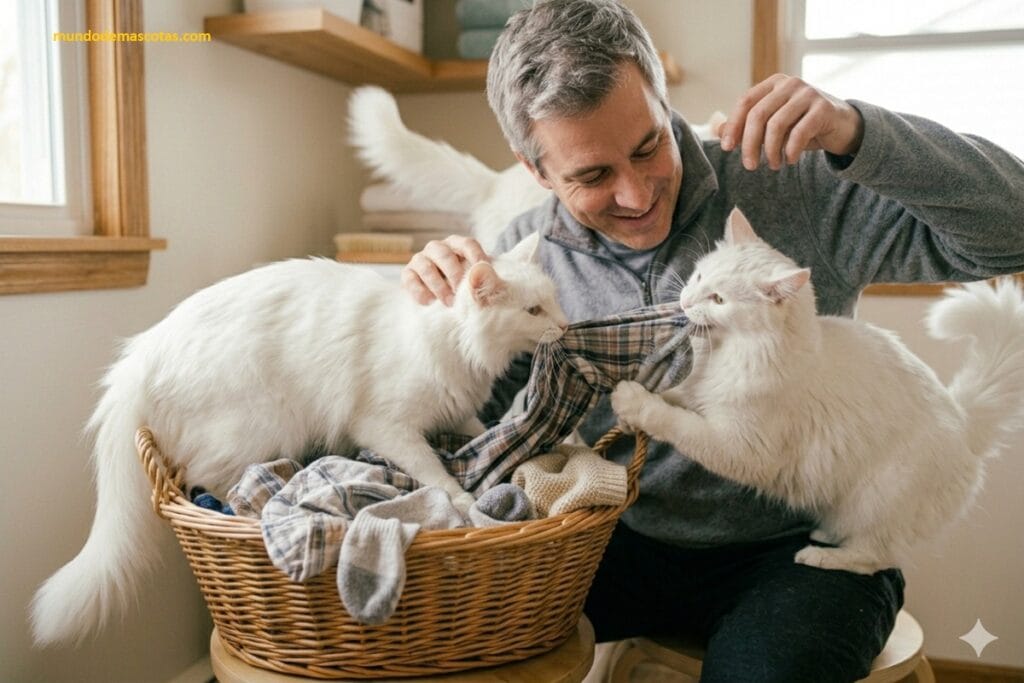como corregir el habito de morder tela en gatos blancos hermosos que están con su dueño en el cesto de ropa
