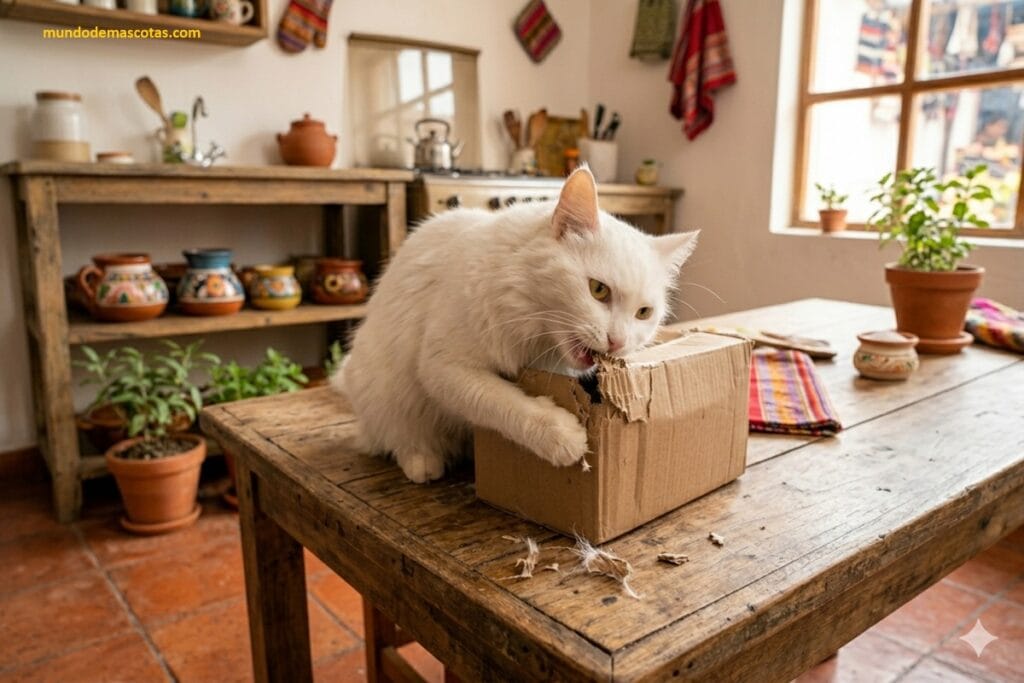 cómo evitar que mi gato rompa todas las cajas en la mesa y es un felino blanco y grande que poco a poco rompe las cosas