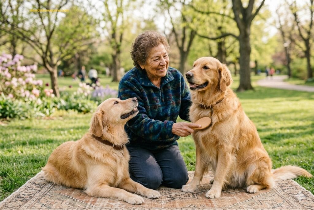 cómo quitar nudos de pelo en perros sin cortarlo y peinarlos en el parque como la dueña los protege con amor