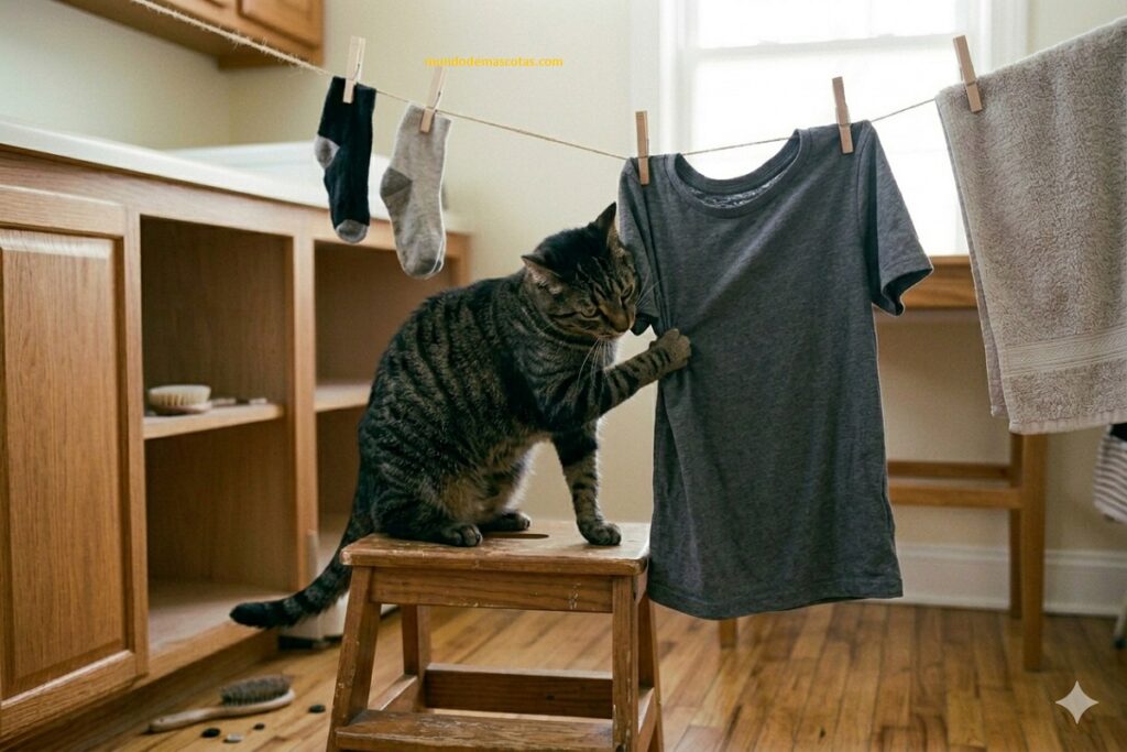 Cómo quitarle la manía de morder la ropa colgada en el cordel como este gato que juega con las prendas