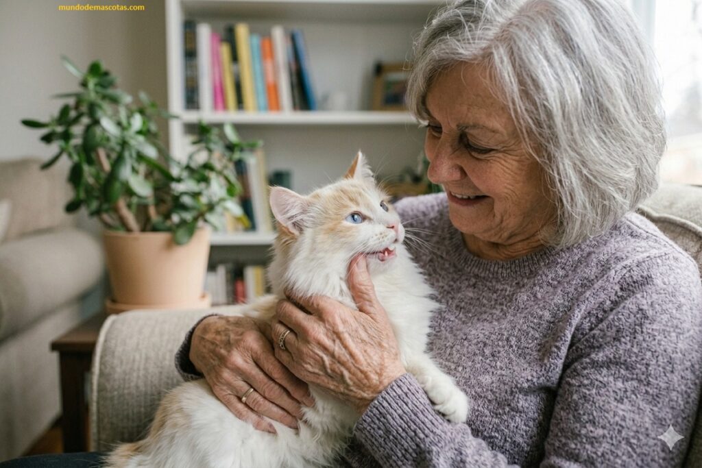 Cómo quitarle la manía de morder las manos a un gatito que esta con su dueña adulta mayor en el sillón