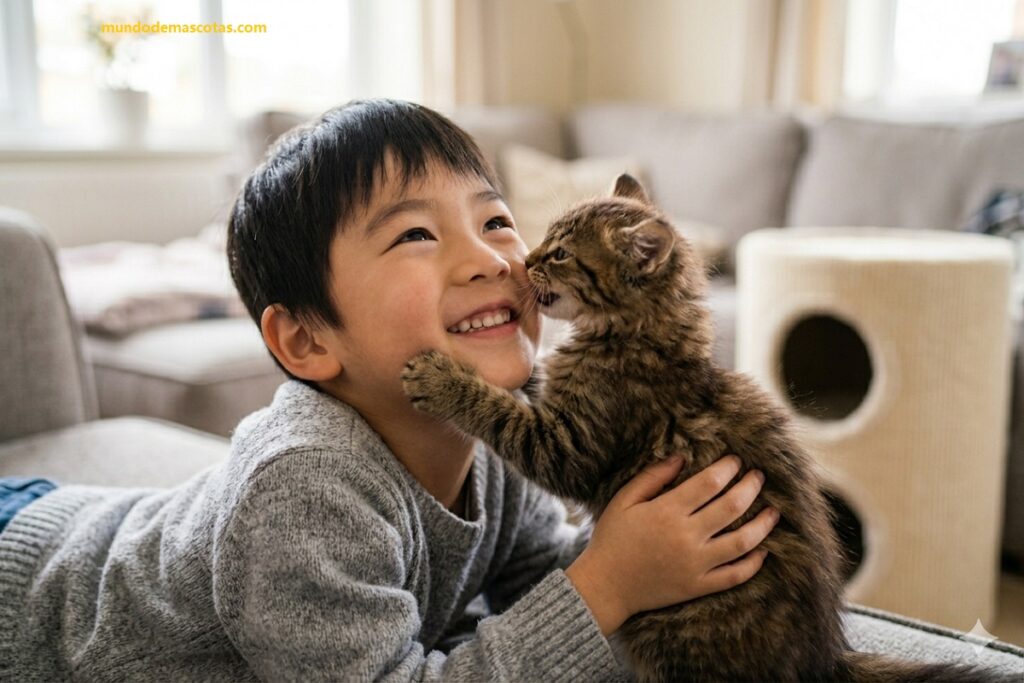 Cómo quitarle la manía de morder los dedos a un gatito marrón que esta con su dueño pequeño jugando con amor