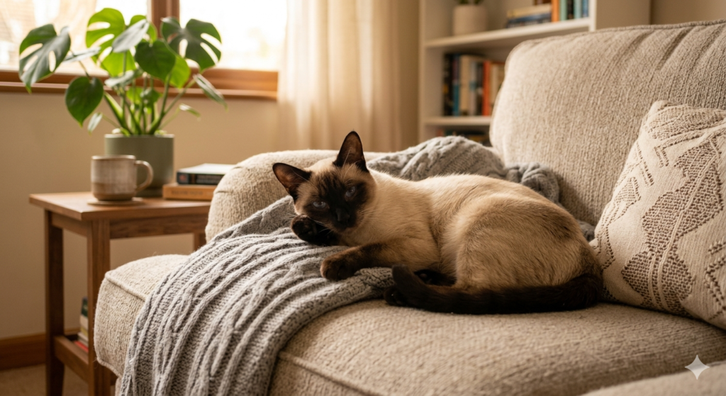 Cómo saber si mi gato tiene las uñas demasiado largas y es un siames grande y hermoso acostado en el sofa