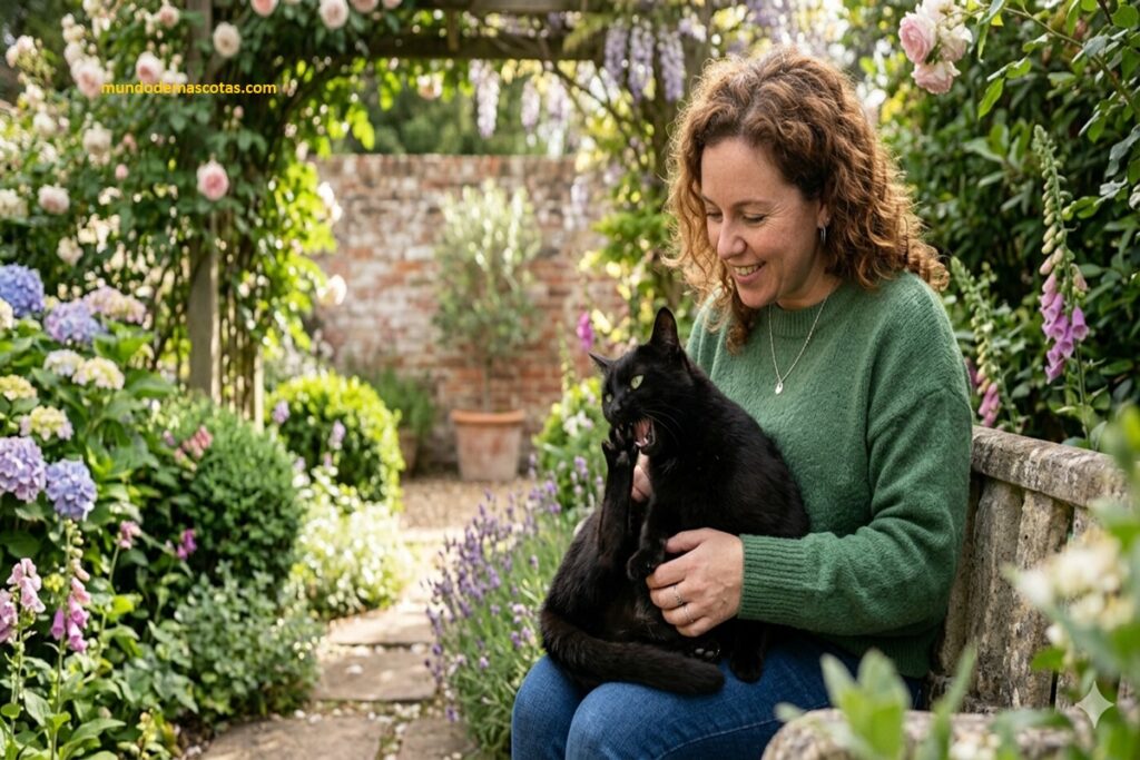 Cómo saber si mi gato tiene las uñas demasiado largas y esta en el jardin acompañado por su dueña con suéter verde