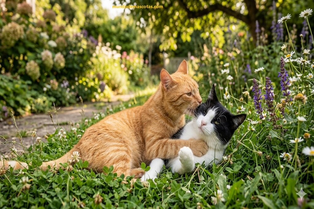 Cómo saber si mis gatos se muerden por juego o pelea en el jardín acostados donde el felino amarillo muerde.