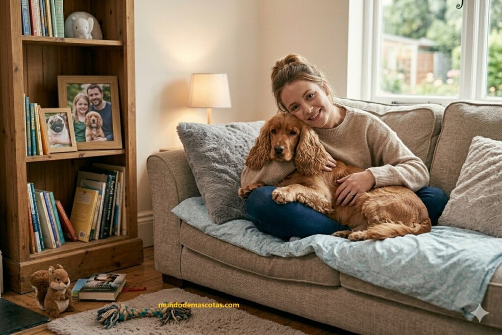 Cómo saber si un perro con cáncer sufre al respirar y por eso un Cocker inglés de color marrón caramelo esta en el sofá con su dueña