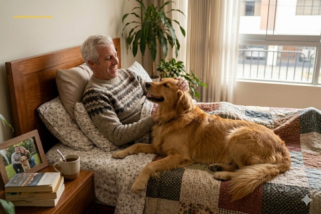 comportamiento del golden retriever por meses y esta echado con su amo en la cama con amor