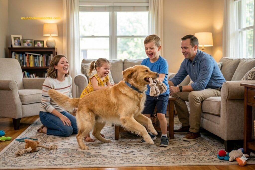 cuanto debe comer un cachorro de golden retriever grande que juega con sus dueños en la sala