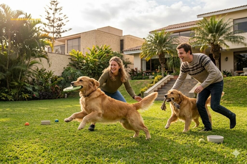 cuánto ejercicio necesita un golden retriever cachorro que corre en el jardin con los dueños con cariño