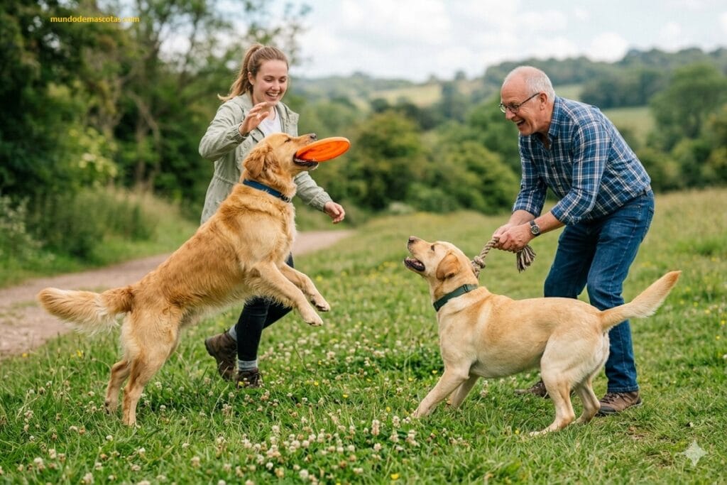 Diferencias entre Golden Retriever y Labrador que juegan en el parque con sus dueños y con amor