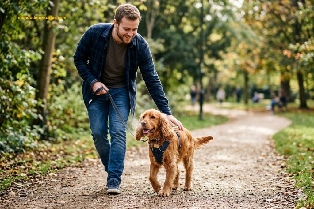 Dificultad para respirar en perros braquicéfalos de raza cocker y esta paseando con su dueño en el parque