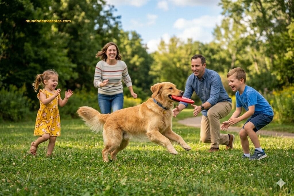 dolores de crecimiento en cachorros golden retriever que corren en el parque con sus dueños y juegan