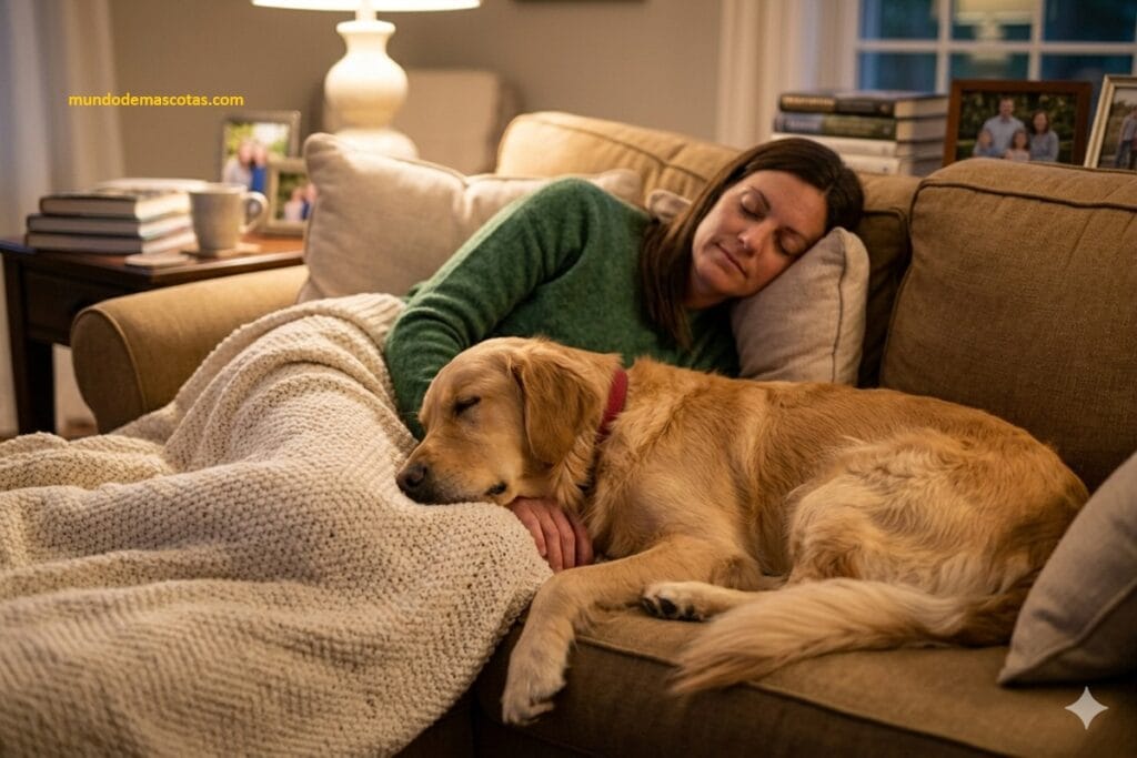 epilepsia idiopática en perros golden retriever y esta durmiendo con su dueña en el sofá y lo cuida con cariño