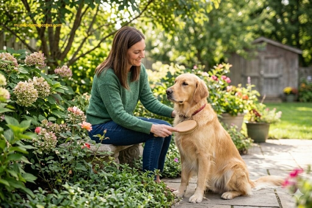 estenosis aórtica en golden retriever tratamiento y es peinado por su dueña y lo trata con paciencia y amor en el jardin