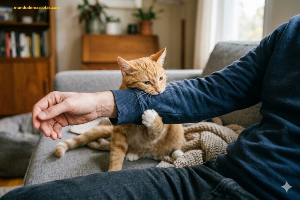 estres en gatos sintomas y soluciones en felino amarillo que muerde el suéter de su dueño en el sillón