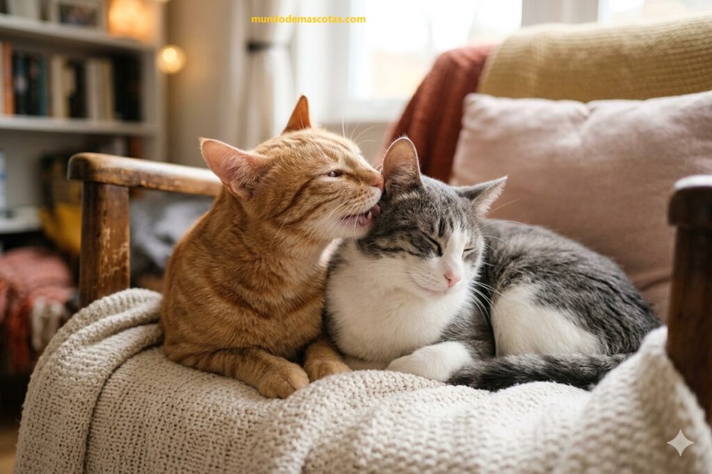 Gato que muerde y patea a otro gato continuamente pero tambien lame y saca su pelo acostados en el sofá.