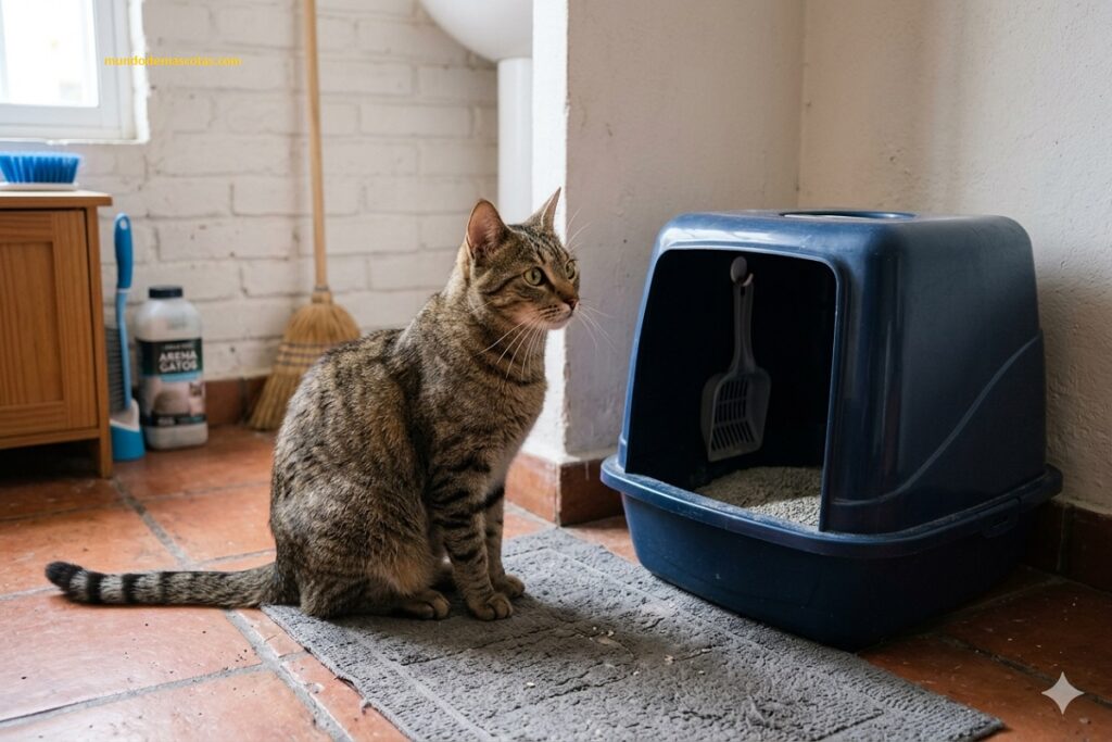 Gato que orina fuera del arenero después de limpiarlo y es un felino grande de ojos verdes mirando la arena