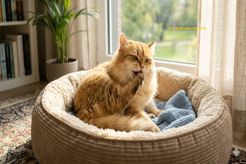 Gato que se muerde las uñas de forma compulsiva y esta acostado en su cama grande frente a la ventana de su casa