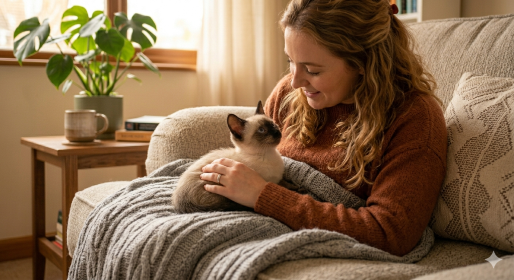 Gato que se muerde las uñas de forma compulsiva y es un siames precioso junto a su dueña que le da cariño