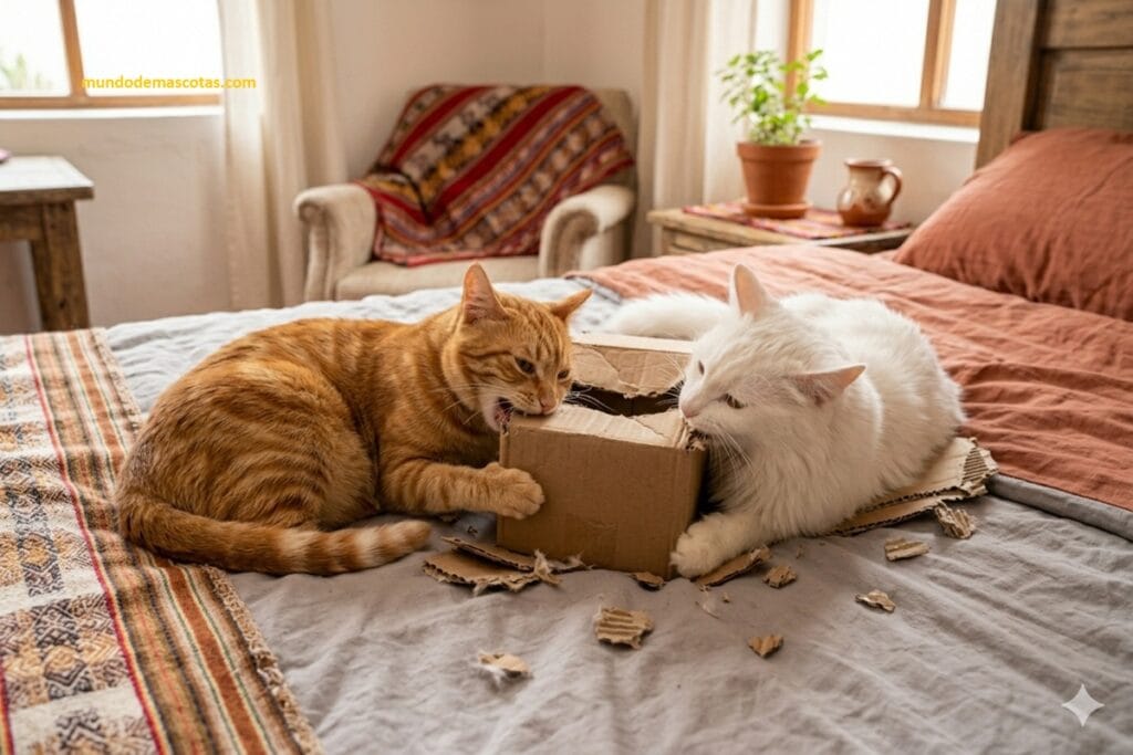 gatos que muerden cajas de cartón por estrés en la cama y uno es blanco con amarillo y el otro blanco