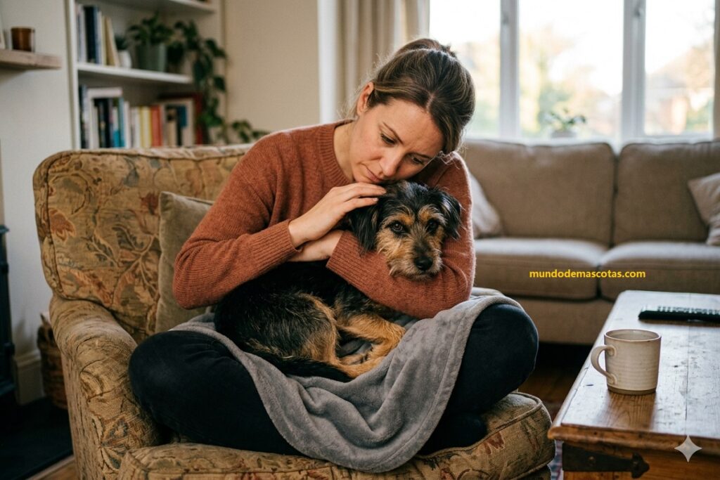 dueña acariciando a su cachorro por que tiene heces negras en perros y lo cuida en el sillón.