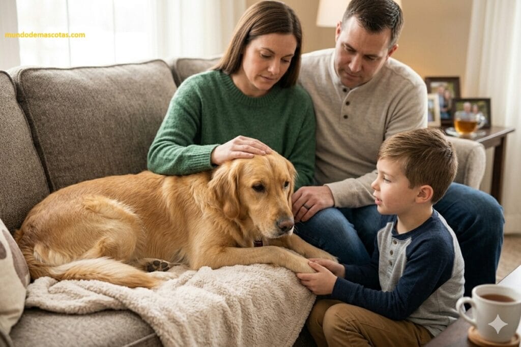 hipotiroidismo en golden retriever esperanza de vida y este perro es protegido con amor por sus dueños en el sofá