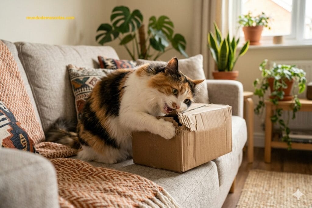 mi gato escupe trozos de cartón después de morderlo y esta echado en el sofá destruyendo la caja