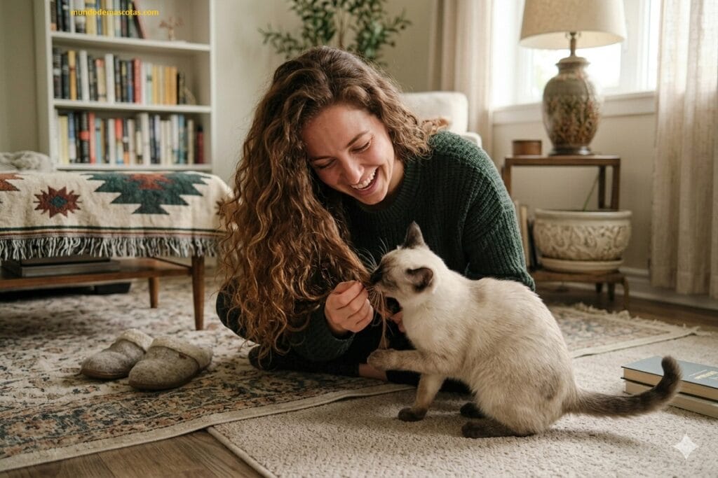 mi gato me muerde el pelo y me amasa y la dueña le da cariño y llena de alegría al siames precioso