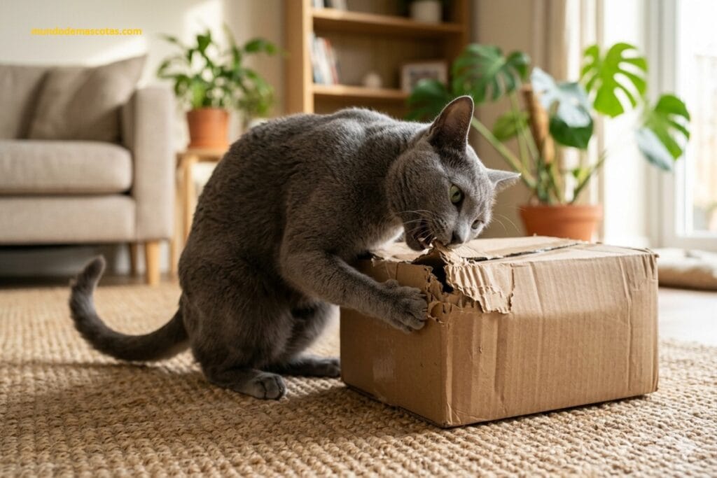 mi gato muerde el cartón cuando tiene hambre y es un felino plomo o gris que rompe la caja jugando