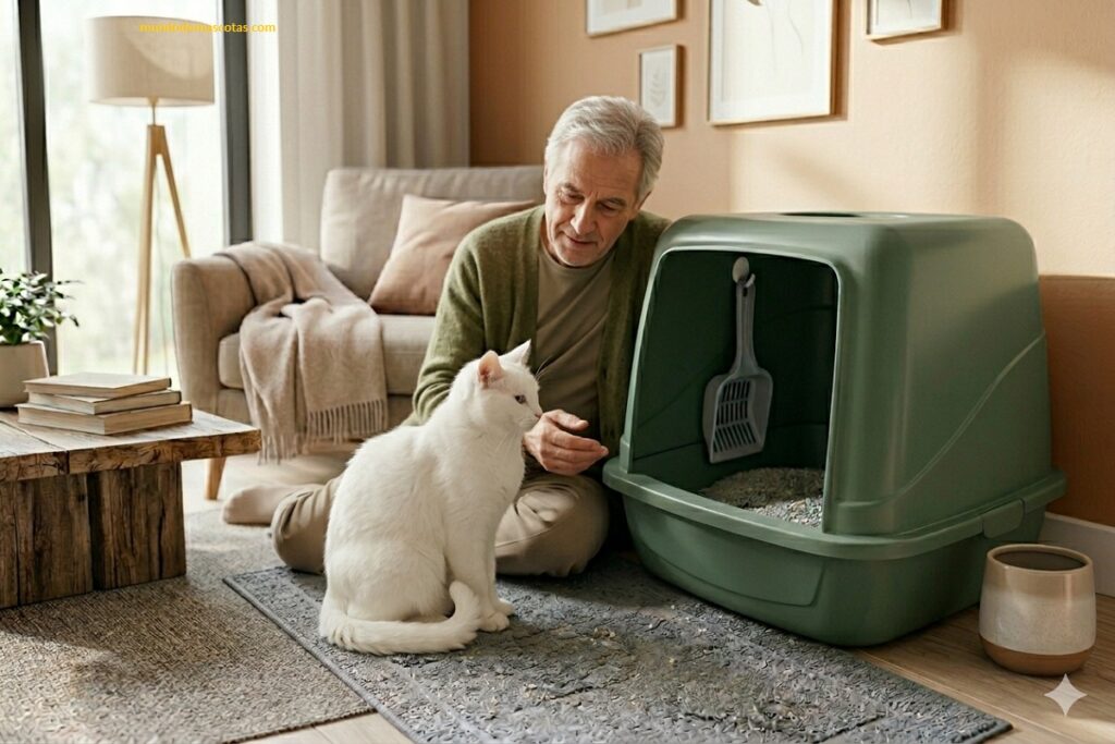 mi gato orina fuera del arenero y es blanco precioso con su amo en la sala sentados mirando la arena