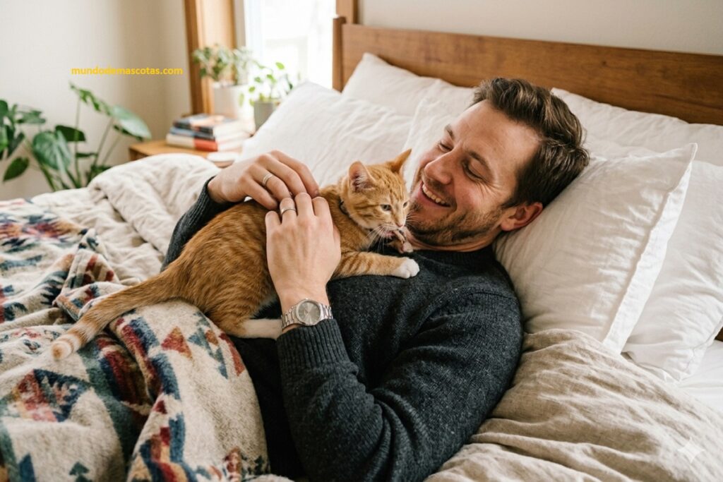 mi gato se frota conmigo y me muerde suave y esta en la cama jugando con el dueño y le da cariño